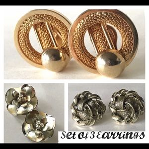 Set of 3 Gold Stud Earrings Clip-On Vintage Floral